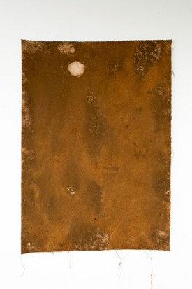 Shinji Turner-Yamamoto, Sidereal Silence: Chalybeate #18, 2016. Ferruginous mineral spring water deposit on raw cotton canvas, resin 46 × 32 inches. Courtesy of Sapar Contemporary