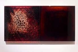 Jordan Eagles, BDBC + BD6, 2012-2014. Blood, blood dust, copper, preserved on plexiglass, UV resin, each 36 x 36 x 3 inches. Courtesy of the Artist