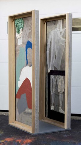 Dona Nelson, Passengers, 2016. Collage, dyed cheesecloth, muslin, and acrylic mediums on linen panel mounted on plywood base, 81.5 x 36 inches. Courtesy of Thomas Erben Gallery