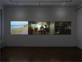 Agnès Varda, Le Triptyque de Noirmoutier, 2004-2005. 35mm film transferred to three-channel color/sound video, three wooden screens, hinges Total running time: 9 minutes 30 seconds, looped, 39 x 180 inches. Courtesy of Blum & Poe, Photo: Genevieve Hanson