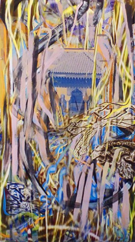 Ellen K. Levy, Haidara Library Nexus (Timbuktu), 2016. Acrylic paint and gel painted over ar-chival print, 58.25 x 35.25 inches. Courtesy of the Artist