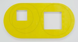 Robert Mangold, Two Open Squares Within a Yellow Area, 2016. Acrylic and black pencil on canvas , 50 x 100 inches. © 2017 Robert Mangold /Artists Rights Society (ARS), New York. Photograph by Kerry Ryan McFate, courtesy of Pace Gallery