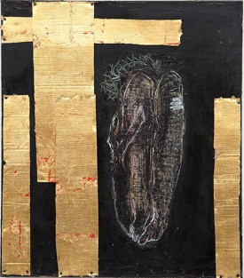 Alfonse Borysewicz, Flagellation, 2010-14. Oil and wax on linen with gold leaf on cardboard, 26 x 21 inches. Courtesy of the Artist