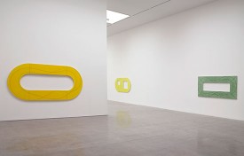 Installation shot of the exhibition under review. Yellow Extended Ring Frame, 2014 can be seen to the left. Photography by Kerry Ryan McFate, courtesy of Pace Gallery