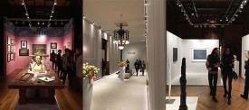 The second floor of TEFAF at Park Avenue Armory, left to right: A Surrealist Banquest at Di Donna; corridor of white-out regimental paraphernalia; a stylish couple visit the room of Hauser & Wirth. Photo: David Cohen
