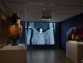 Installation shot of the exhibition under review, showing projected still of Maria Callas as Medea. Courtesy of the Onassis Cultural Center, New York