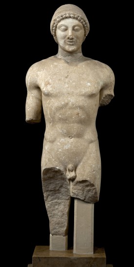 Statue of Smiling Kouros with Dedication to Apollo, 500 BCE. Parian marble, 96 cm high. Athens, National Archaeological Museum, 20 © Hellenic Ministry of Culture and Sports - Archaeological Receipts Fund.