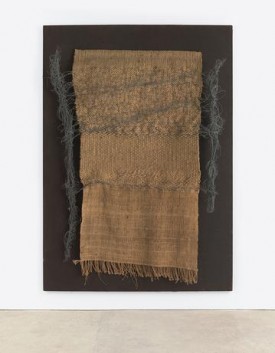 Antoni Tàpies, Composition, 1972. Tapestry, wire, and burlap on board, 102 3/8 x 80 3/8 inches. © 2017 Comissió Tàpies / Artists Rights Society (ARS), New York / VEGAP, Madrid. Courtesy of the Artist and Nahmad Contemporary.