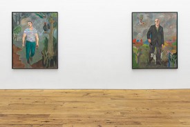 installation shot of the exhibition under review, showing The Prisoner's Dream, 2017, left, and The Wayfarer with Penguins and Seals, 2017, both oil on canvas, 63-3/4 x 51-1/4 inches. Courtesy of Marc Straus Gallery