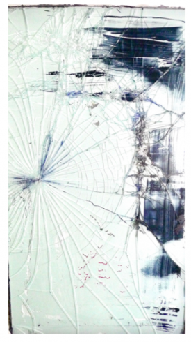 DeShawn Dumas, Black Mirror (In White), 2017. Spray paint and broken glass on wood, 30 x 17 inches. Courtesy of the Artist and Ethan Cohen New York