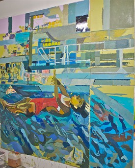 Clintel Steed, Backwards Dive (Olympic Series), 2016. Oil on masonite, 96 x 108 inches. Courtesy of the Artist