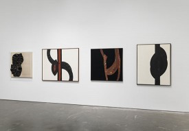 Installation shot showing four works from 1970, including Even More Space Than Time, far right. “Carol Rama: Antibodies,” 2017. New Museum, New York. Photo: Maris Hutchinson / EPW Studio