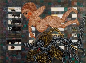 Carol Rama, Annunciazione [Annunciation], 1985. Mixed media on framed canvas, 12-5/8 x 18-7/8 inches. Private collection