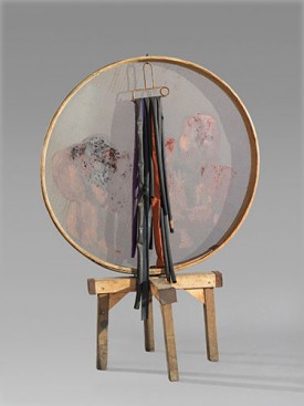 Carol Rama, Sortilegi [Spells], 1984. Composition with found objects and rubber, 62-5/8 x 44-1/4 x 27 inches. Hauser & Wirth Collection, Switzerland