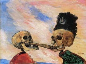 James Ensor, Skeletons Fighting Over a Pickled Herring, 1891. Oil on panel, 6-1/2 x 8-1/2 inches. Musées royaux des Beaux Arts de Belgique, Brussels, © 2009 Artists Rights Society (ARS), New York / SABAM, Brussels.