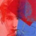 Andy Warhol, "Sarah Bernhardt" from Ten Portraits of Jews of the Twentieth Century, 1980. Screenprint, 40 x 32 inches. © 1987 - 2008 The Andy Warhol Foundation for the Visual Arts, and right, Dan Flavin, a primary picture, 1964. Red, yellow, and blue fluorescent light, 24 x 48 inches, edition of 3. Collection of Hermes Trust (Courtesy Francesco Pellizzi), image Courtesy Zwirner and Wirth.