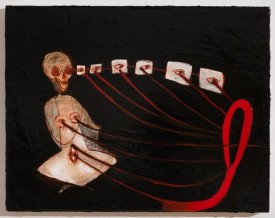 Mira Schor, The eye was in the tomb and looked at Cain, 2017. Oil and ink on gesso on linen, 14 x 18 inches. Courtesy of the artist and Lyles & King