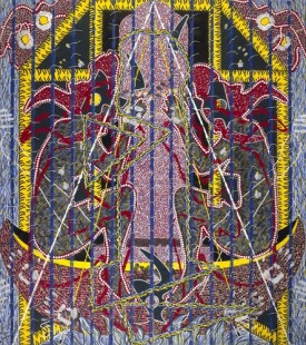 Franklin Williams, See and Always Seen, 1975. Acrylic and yarn on paper, mounted to canvas, 72 × 60 inches. Courtesy of Karma