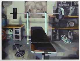 Matt Bollinger, James’ Weight Room, 2017. Flashe and acrylic on canvas, 48 x 60 inches. Courtesy of the artist and Zürcher Gallery, New York