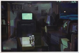Matt Bollinger, Living Room, Night, 2017 Flashe and acrylic on canvas, 60 x 90 inches. Courtesy of the artist and Zürcher Gallery, New York