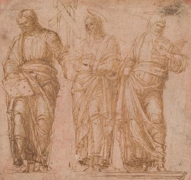 Andrea Mantegna, Three Standing Saints, ca. 1450-1455. Pen and brown ink on paper toned with red chalk. Thaw Collection, The Morgan Library & Museum