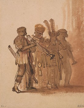 Rembrandt van Rijn, Four Musicians with Wind Instruments, ca. 1638. Pen and brown and black ink and brown wash, and red and yellow chalk. Thaw Collection, The Morgan Library & Museum