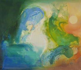 William Tillyer, The Watering Place II, 2013. Acrylic on acrylic mesh and canvas, 70 x 80 inches. Courtesy of Bernard Jacobson Gallery, London