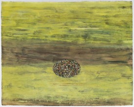 Pat Adams, Through, 2013. Oil, eggshell, sand, grit and isobutyl methacrylate on paper, 19.25 x 24.5 inches. Courtesy of the artist and Victoria Munroe Fine Art