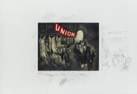 Sue Coe, Getting the Chop 1989. Graphite, gouache and watercolor on paper, 30 x 40 inches. Courtesy of Galerie St. Etienne