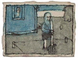 James Castle, Untitled (Henry with pitchfork), n.d. Found paper, color of unknown origin 4 x 5.25 inches. Courtesy of James Castle Collection and Archive © James Castle Collection and Archive LP