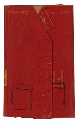 James Castle, Untitled (Red Jacket), n.d. Found paper, thread, crayon with applied paper buttons, 10.5 x 6.5 inches (Double-sided). The William Louis-Dreyfus Foundation Inc. © James Castle Collection and Archive LP