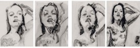 Heather Morgan, [left to right] Hustler II, III, IV, I, 2017. Ink on Yupo paper, 14 x 11 inches each. Courtesy of the artist and David & Schweitzer
