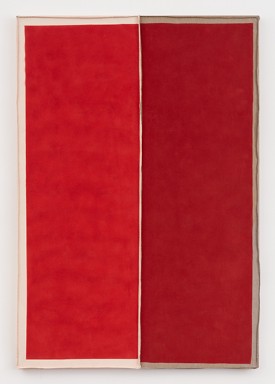 Jim Lee, Half Off (A Cream Divide), 2017.Acrylic medium, spray enamel, and staples on canvas and linen, 76 x 52 inches. Courtesy of the artist and Nicelle Beauchene Gallery, New York