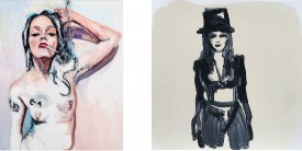 Heather Morgan, left, and Suzy Spence. Morgan: Hustler, 2017. Oil on canvas, 60 x 50 inches. Courtesy of the artist and David & Schweitzer. Spence: Untitled Portrait, 2017. Flashe on paper, 12 x 12 inches. Courtesy of the artist and Sears Peyton Gallery, New York