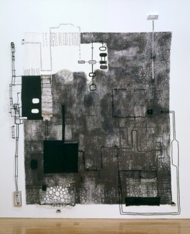 Diana Cooper, The Black One, 1997. Acrylic, felt tip markers, felt, aluminum tape, acetate, pipe cleaners, and pom poms on wall and canvas, 124 x 138 inches. Courtesy of the artist and Postmasters Gallery