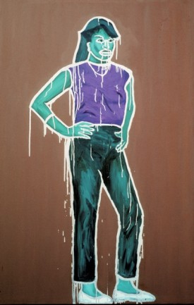 Robert Goldman/Bobby G, Untitled (Girl with Hand on Hip), 1983. Oil and aluminum paint on canvas, 72 x 50 inches. Courtesy of the artist and Hionas Gallery