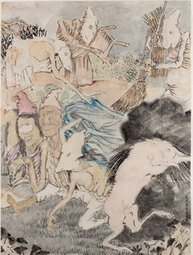 Yun-Fei Ji, At Sundown, 2017-2018. Watercolor and ink on Xuan paper, 37 x 27.5 inches. Courtesy of the artist and James Cohan Gallery