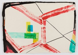 Laura Newman, Rome Studio, 2017. Acrylic, ink and Flashe on handmade wasli paper, 22 x 30 inches. Courtesy of the artist and Victoria Munroe Fine Art