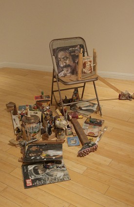 Kristen Morgin, Heart & Soul or the Garden of Delights, unfired clay, wood, chair, metal can, paint, ink, graphite, crayon, 2015. Courtesy of the artist