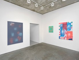 Installation shot, Clive Hodgson at Arcade Gallery, London, second hang of the exhibition under review. All works are untitled, 2017; left to right: acrylic on canvas, 150 x 110 cm; oil on canvas, 60 x 55 cm; acrylic on canvas, 130 x 105 cm