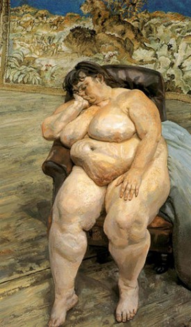 Lucian Freud, Sleeping by the Lion Carpet, 1996. Oil on canvas, 89 x 47 inches. The Lewis Collection