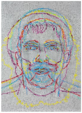 Charles Gaines, Faces 1: Identity Politics, #5, Malcolm X, 2018. Acrylic sheet, acrylic paint, lacquer, wood, 74 x 59-1/8 x 5-3/4 inches. Courtesy of the artist and Paula Cooper Gallery.