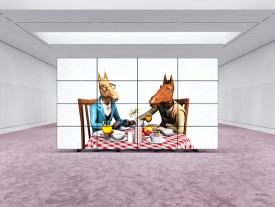 Installation shot of the exhibition under review, Jordan Wolfson, Riverboat song, 2017–2018, David Zwirner Gallery