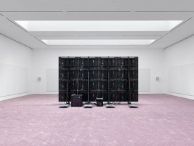 Installation shot of the exhibition under review, Jordan Wolfson, Riverboat song, 2017–2018, David Zwirner Gallery