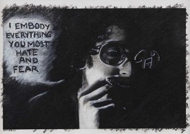 Adrian Piper, The Mythic Being: I Embody Everything You Most Hate and Fear, 1975. Oil crayon on gelatin silver print, 8 x 10 inches. Collection Thomas Erben, New York