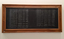 Adrian Piper, Everything #21, 2010-13 (detail). Installation, four vintage wall blackboards in lacquered wood frames and white chalk. Collection Adrian Piper Research Archive Foundation Berlin. © APRA Foundation Berlin.