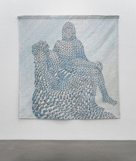 Installation shot of iPhone Pietà (2017). Thomas Bayrle: Playtime, June 20 to September 2, 2018. Photo courtesy New Museum, New York and Maris Hutchinson / EPW Studio.