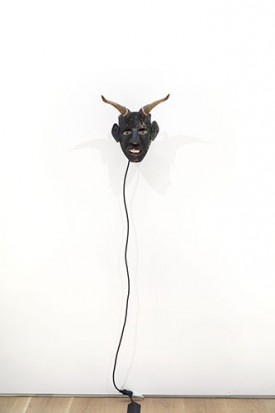 Raul Guerrero, The Rotating Yaqui Mask, 1973. Found object, painted wood, horn, with electric motor and foot pedal 18 x 20 x 15 inches. Courtesy of the artist and Ortuzar Projects.