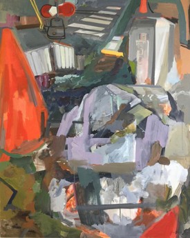 Rebecca Allan, Construction Site with Railroad Manual Switch (Bronx/Buffalo), 2018. Acrylic on canvas, 60 × 48 inches. Courtesy of the artist and Anna Kaplan Contemporary, Buffalo, NY