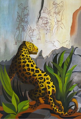 Raul Guerrero, Vista de Bonampak, 1984. Oil on canvas 54.5 x 37.25 inches. Courtesy of the artist and Ortuzar Projects.